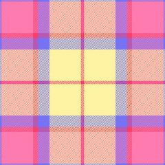 Decoration fabric seamless check, factory pattern texture vector. Random plaid tartan textile background in yellow and pink colors.