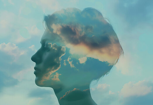 Silhouette of a person's head and a double-exposure shot of clouds depicting the idiom, "Head in the clouds"