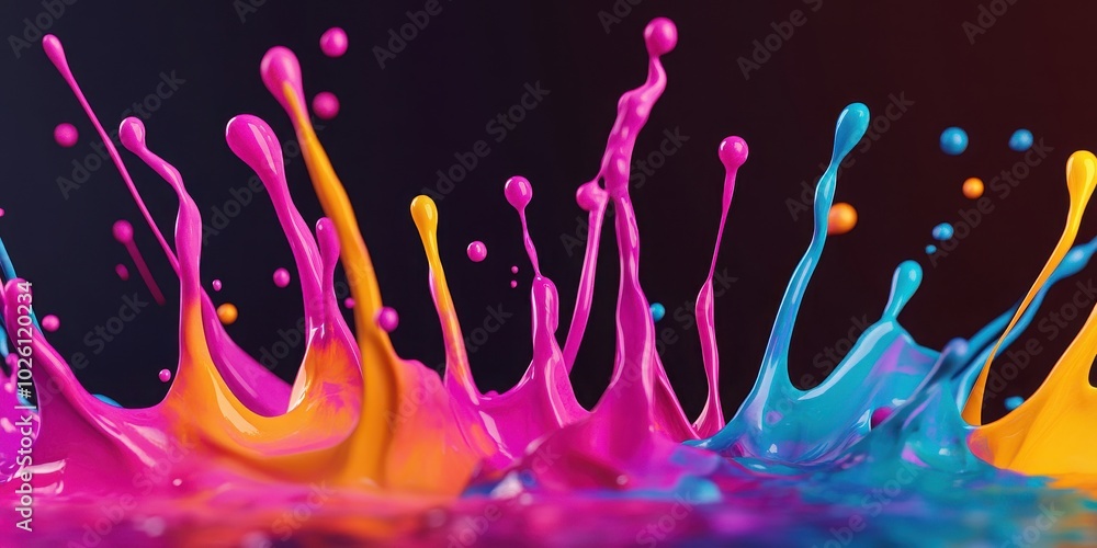 Poster a vibrant splash of colorful paint droplets creating an artistic explosion against a dark background
