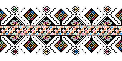 Pixel pattern. Cross Stitch. Geometric ethnic oriental pattern traditional Design for clothing, fabric, white background, wallpaper, wrapping, batik. Knitwear,  Embroidery style. Vector illustration.