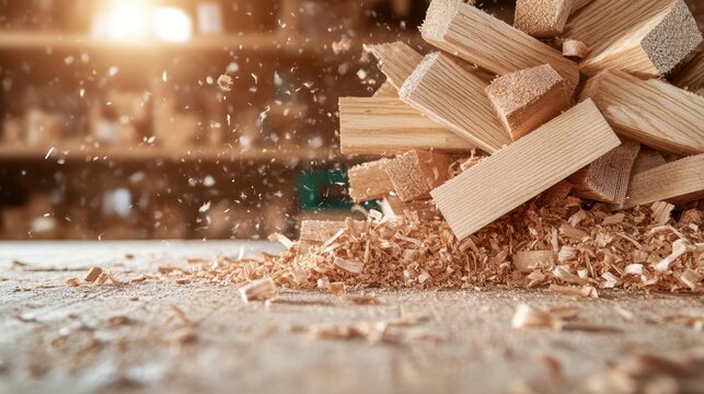 A dynamic scene featuring a pile of wooden blocks amid cascading shavings, exemplifying woodworking artistry within a workshop setting during daylight hours.