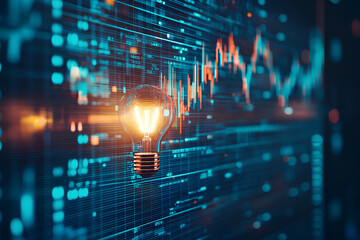 Fototapeta premium Price chart with candlestick patterns and glowing light bulb representing innovation, blue and green stock movement lines 