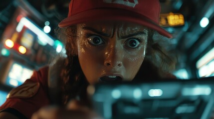 A young woman intensely concentrates on a game in a dimly lit room, her expression revealing determination and competitiveness as she holds a gaming device.