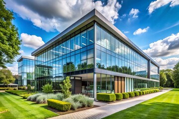 Obraz premium Modern Small Office Building with Glass Facade and Green Surroundings for Contemporary Workspace Design