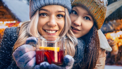 Two young happy girls sharing a drink at a winter market