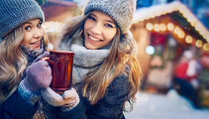 Two young girls with a hot drink having fun at a Christmas market