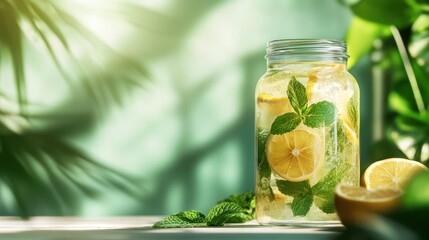 A glass jar filled with refreshing lemonade, garnished with lemon slices and fresh mint, sitting on a table surrounded by green foliage in bright sunlight.