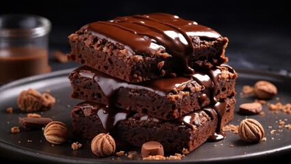 A tempting stack of chocolate brownies drizzled with rich chocolate sauce.