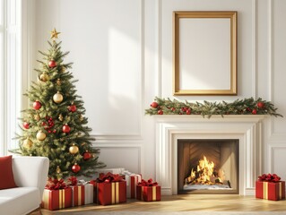 Empty wood frame on the wall above a fireplace in a white living room, Christmas tree adorned with Christmas ornaments, with red and gold presents underneath, sunlight filling the room