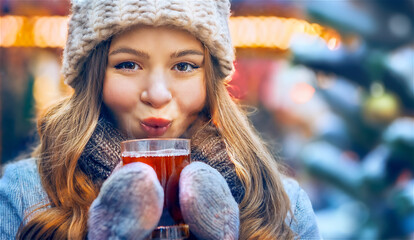 Young woman cooling hot red wine with her breathe at a Christmas market