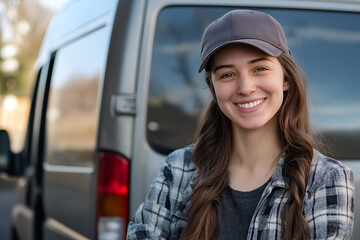 A cheerful smiling female delivery driver standing in front of a delivery van, Happy employee, Logistics and transportation industry