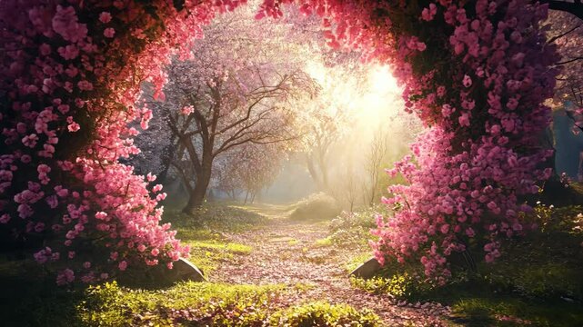 A path lined with pink blossoms leads into a magical forest bathed in golden sunlight