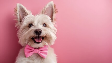 An adorable dog with fluffy white fur and a pink bowtie poses against a pink backdrop, showcasing stylish charm and cuteness in this vibrant, modern image.