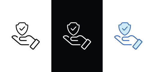 Insurance hand line and flat icon set. Shield with checkmark on hand symbol.
