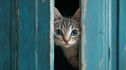 Playful Cat Peeking Out from a Door with Gray and Cyan Wallpaper