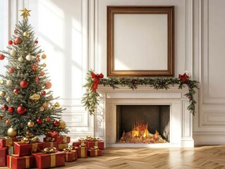 Empty wood frame on the wall above a fireplace in a white living room, Christmas tree adorned with Christmas ornaments, with red and gold presents underneath, sunlight filling the room