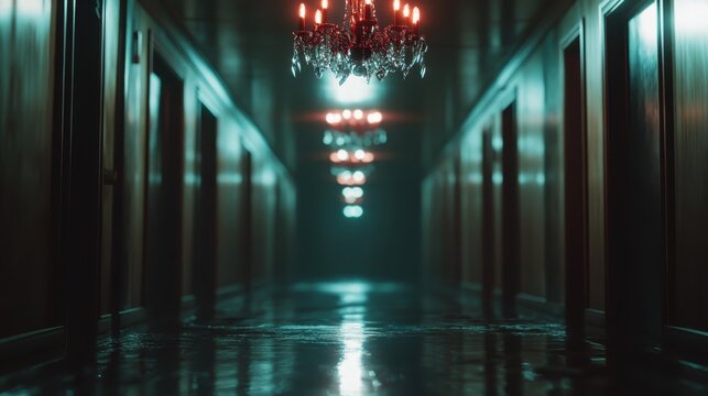 This elegant corridor scene is enhanced by glowing chandeliers and the sheen of reflective floors, contributing to an atmosphere of sophistication and quiet splendor.