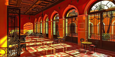 Obraz premium A Spanish-influenced bank space, characterized by intricate wrought ironwork and vibrant flamenco-inspired red and yellow colors.