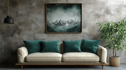 Minimalist interior design of a modern living room. An ivory suede sofa with emerald cushions against a concrete wall. on the wall is a minimalist painting painted in watercolors.