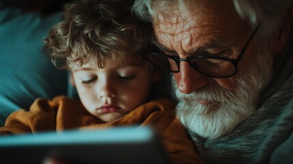 An elderly man with white hair and a toddler snuggled together under a blanket, both engaged with a tablet, captures the warmth of shared moments.