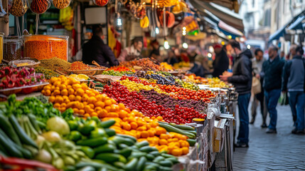 Obraz premium Street Market Filled with Colorful Food Stalls Bustling with Shoppers