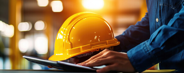 Worker using tablet with yellow hard hat in industrial setting, modern workplace