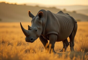 Obraz premium Majestic rhinoceros standing confidently in golden grassland during sunset with a warm glow