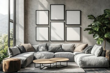 Gallery wall mockup, set of 5 black thin frames, empty frames, modern, minimalist wall art frame mockup