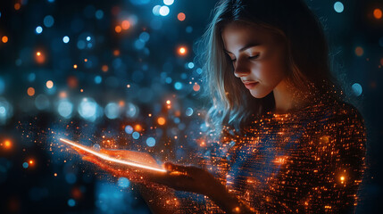 Woman holding a glowing digital tablet with futuristic data visualization and bokeh lights