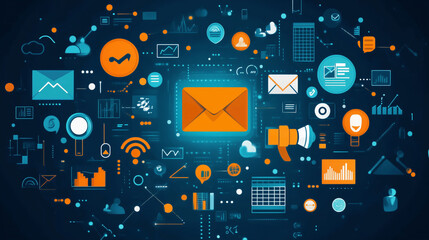 Naklejka premium Digital marketing concept with email, analytics, and communication icons on a dark background