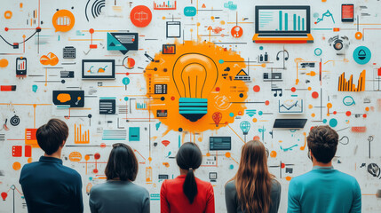 Team brainstorming innovative ideas with a visual network of charts, graphs, and digital icons