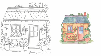 Naklejka premium copy coloring , cute summer cottage illustration, black and white , colored page 