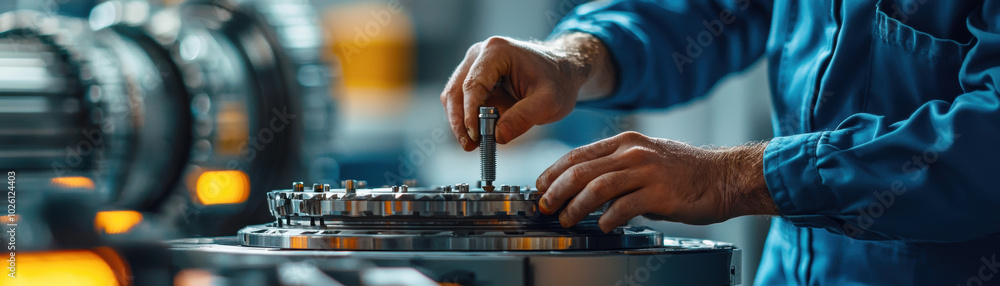 Aufkleber worker using tools to assemble mechanical parts in a factory environment