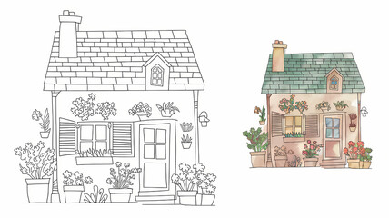 Fototapeta premium copy coloring , cute summer cottage illustration, black and white , colored page 