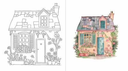 Fototapeta premium copy coloring , cute summer cottage illustration, black and white , colored page 