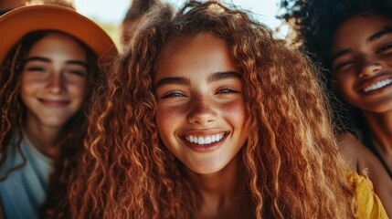A cheerful group of friends with natural curls enjoying a sunny day outdoors, capturing youthful spirit, joy, and bonds of friendship amidst bright, warm sunlight.