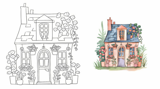 copy coloring , cute summer cottage illustration, black and white ,  colored page 