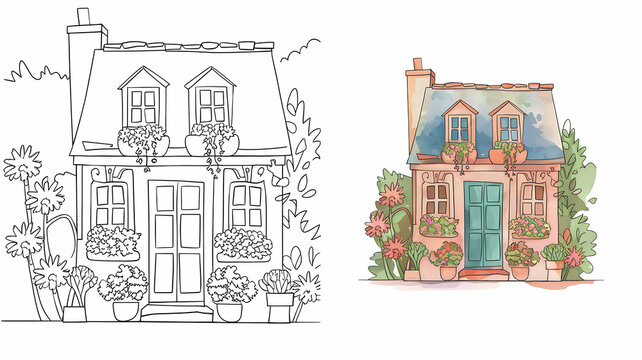 copy coloring , cute summer cottage illustration, black and white ,  colored page 