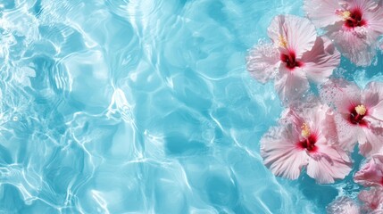 Pink hibiscus flowers gently float in a bright blue swimming pool, creating a visually striking and calming contrast between vivid colors and serene water motion.