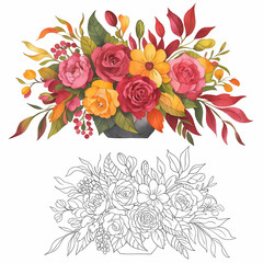 Autumn Leaves and Flowers Copy Coloring, Black and White Outline Drawing Coloring Page on white background 