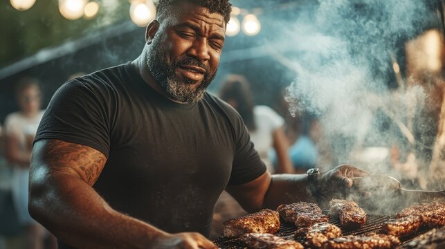 A dedicated individual wearing a black T-shirt is skillfully grilling meats, surrounded by smoke, in a lively atmosphere with people in the background.