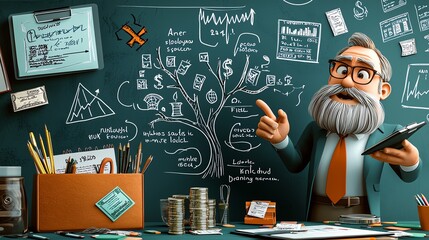 A teacher explaining financial growth through a tree diagram that shows the evolution from small savings to large investments