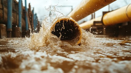 An industrial setting captures water flowing dynamically from a pipe, emphasizing the raw movement and energy of the liquid against a complex backdrop of machinery.