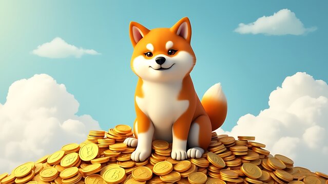 doge cryptocurrency meme dog sitting on pile of coins humorous financial concept illustration