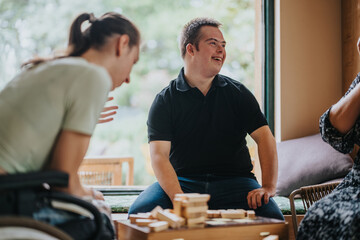 A joyful interaction between a boy with Down syndrome, a girl in a wheelchair, and an elderly woman...