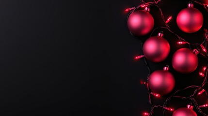 Neon pink Christmas tree baubles on a matte black background with glowing red fairy lights, copy space, Merry Christmas background, modern holiday decor, seasonal product promotion