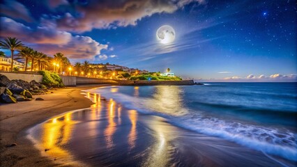 Nighttime Serenity at Fanabe Beach Tenerife - A Captivating Coastal Scene