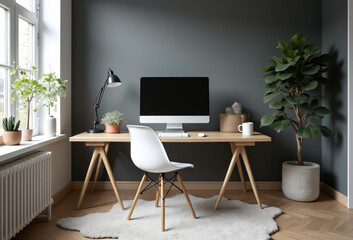 A home office setup with a white chair at a wooden desk near a window and dark gray walls. Scandinavian style design._00001_