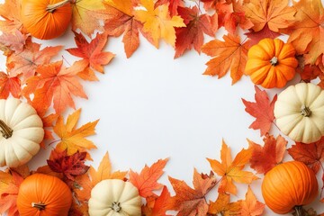 top view of autumn leaves and pumpkins forming a frame around a white background, including light orange, and soft yellow maple leaves