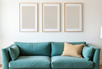 A teal sofa with a beige pillow beneath framed posters on a white wall. Scandinavian style modern living room._00001_